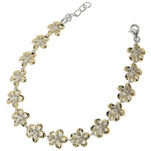 Sterling Silver Two-Tone Yellow Gold and Rhodium Plated 10mm Plumeria with CZ Bracelet