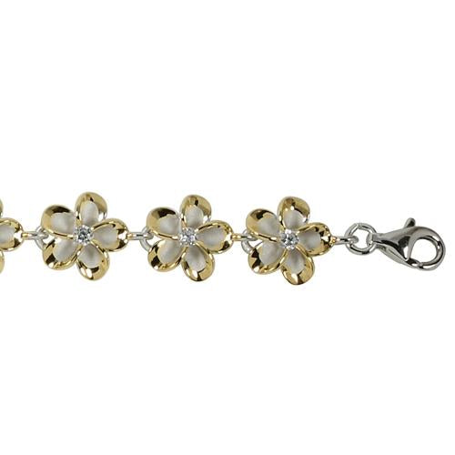 Sterling Silver Two-Tone Yellow Gold and Rhodium Plated 10mm Plumeria with CZ Bracelet