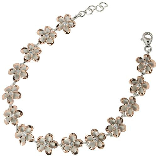 Sterling Silver Two-Tone Pink Gold and Rhodium Plated 10mm Plumeria with CZ Bracelet