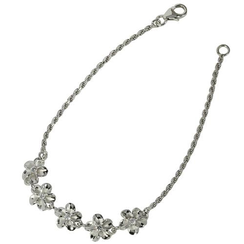 Sterling Silver Rhodium Plated 8mm Plumeria with CZ Rope Chain Bracelet