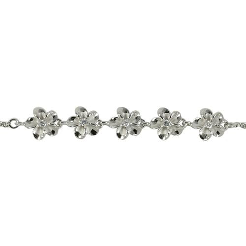 Sterling Silver Rhodium Plated 8mm Plumeria with CZ Rope Chain Bracelet