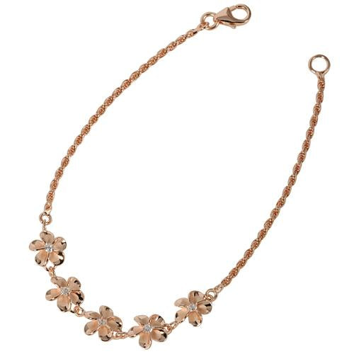 Sterling Silver Pink Gold Plated 8mm Plumeria with CZ Rope Chain Bracelet