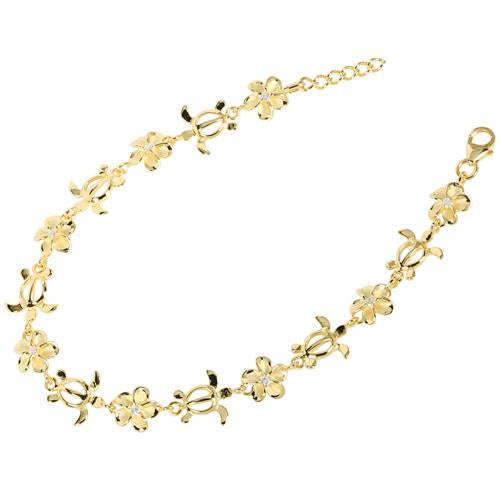Sterling Silver Yellow Gold Plated Honu (Hawaiian Turtle) and 8mm Plumeria with CZ Bracelet
