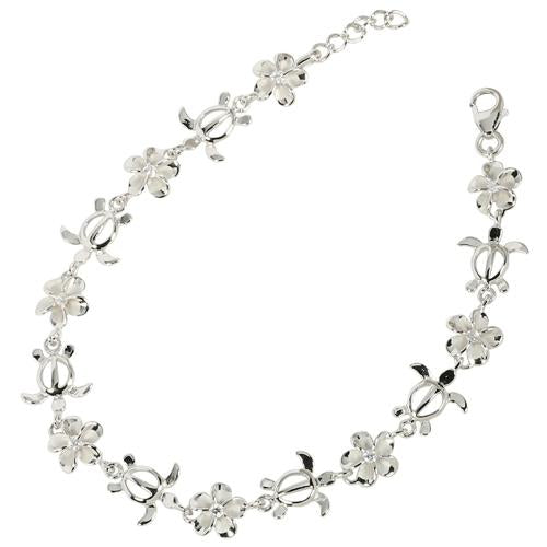 Sterling Silver Rhodium Plated Honu (Hawaiian Turtle) and 8mm Plumeria with CZ Bracelet