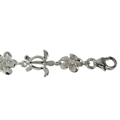 Sterling Silver Rhodium Plated Honu (Hawaiian Turtle) and 8mm Plumeria with CZ Bracelet