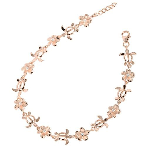 Sterling Silver Pink Gold Plated Honu (Hawaiian Turtle) and 8mm Plumeria with CZ Bracelet