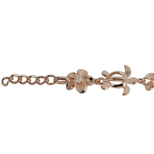 Sterling Silver Pink Gold Plated Honu (Hawaiian Turtle) and 8mm Plumeria with CZ Bracelet