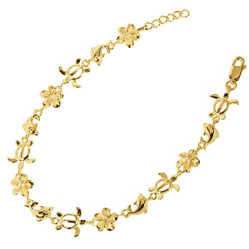 Sterling Silver Yellow Gold Plated Honu (Turtle) Dolphin and 8mm Plumeria with CZ Bracelet