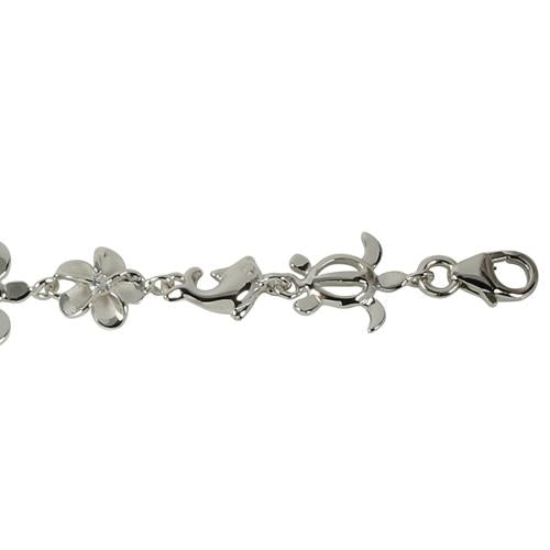 Sterling Silver Rhodium Plated Honu (Turtle) Dolphin and 8mm Plumeria with CZ Bracelet