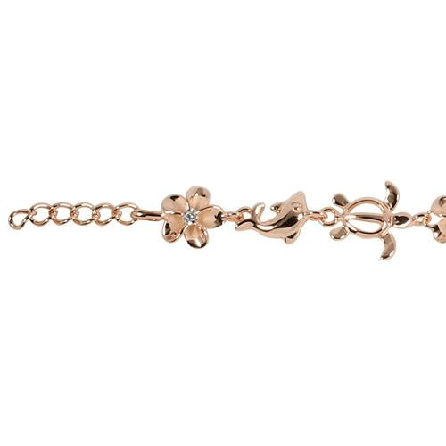 Sterling Silver Pink Gold Plated Honu (Turtle) Dolphin and 8mm Plumeria with CZ Bracelet
