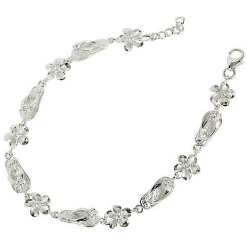 Sterling Silver Rhodium Plated Slipper and 8mm Plumeria with CZ Bracelet