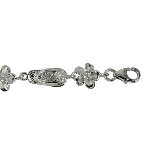 Sterling Silver Rhodium Plated Slipper and 8mm Plumeria with CZ Bracelet