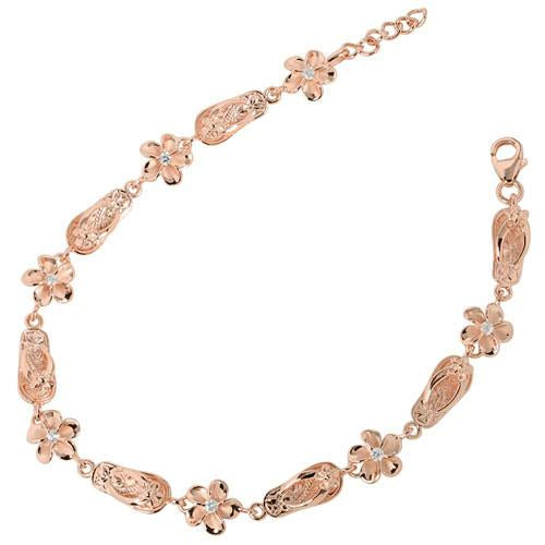 Sterling Silver Pink Gold Plated Slipper and 8mm Plumeria with CZ Bracelet