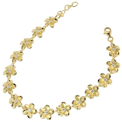 Sterling Silver Yellow Gold Plated 10mm Plumeria with CZ Bracelet