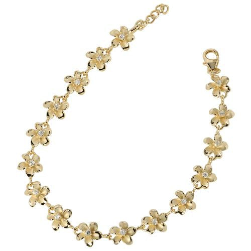 Sterling Silver Yellow Gold Plated 8mm Plumeria with CZ Prong Bracelet