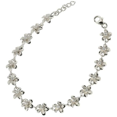 Sterling Silver Rhodium Plated 8mm Plumeria with CZ Prong Bracelet