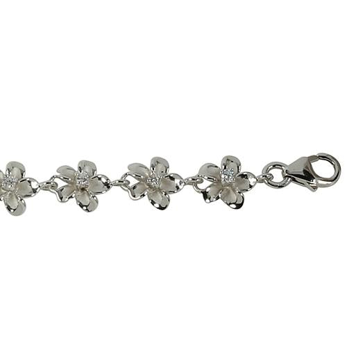 Sterling Silver Rhodium Plated 8mm Plumeria with CZ Prong Bracelet