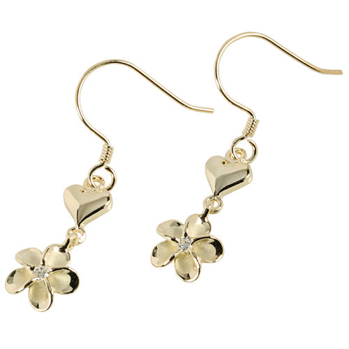 Yellow Gold Plated Sterling Silver Heart Plumeria Hook Earring 8mm