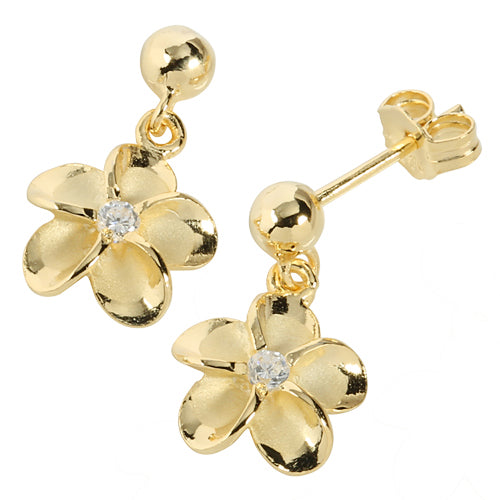 Yellow Gold Plated Sterling Silver Bead Plumeria Stud Earring 10mm