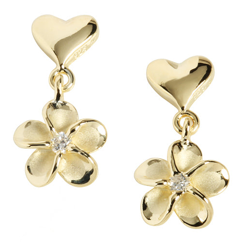 Yellow Gold Plated Sterling Silver Heart Plumeria Stud Earring 8mm