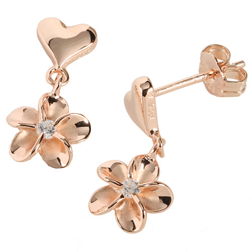 Pink Gold Plated Sterling Silver Heart Plumeria Stud Earring 8mm