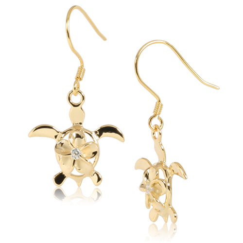 Yellow Gold Plated sterling Silver 8mm Plumeria In Honu Hook Earring