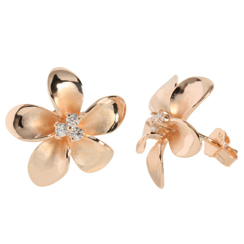 15mm Sterling Silver Plumeria with Pink Gold Plated Three CZ Stud Earring