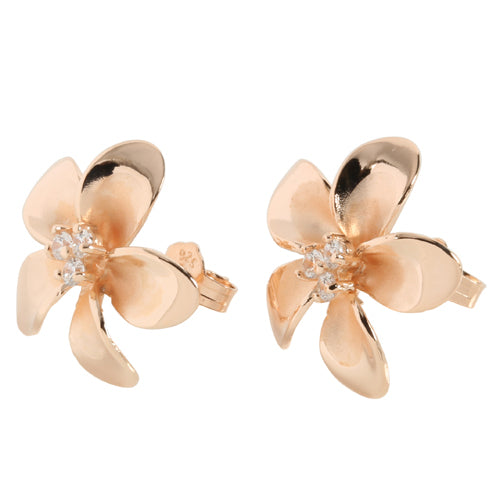 15mm Sterling Silver Plumeria with Pink Gold Plated Three CZ Stud Earring