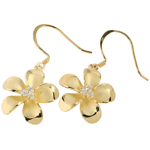 Sterling Silver 20mm Plumeria Yellow Gold Plated Three CZ Stud Earring