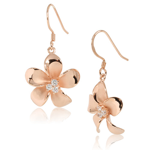20mm Sterling Silver Plumeria Pink Gold Three CZ Stud Earring