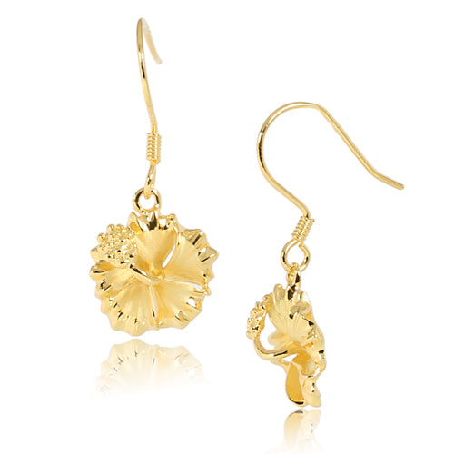 Yellow Gold Plated Sterling Silver Hibiscus Hook Earring 12mm
