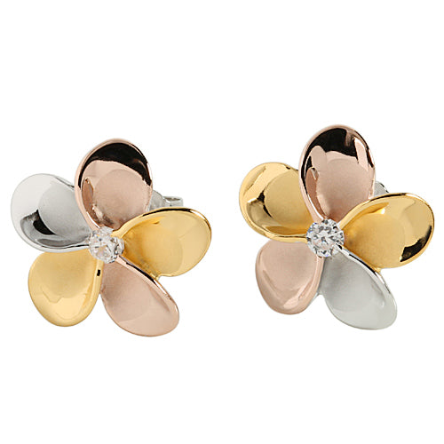 Sterling Silver Tri-Color Plumeria Stud Earring 15mm