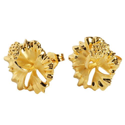 Sterling Silver 15mm Hibiscus Stud Earring Yellow Gold Plated