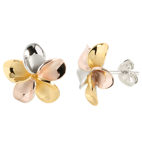Sterling Silver 15mm Plumeria Tri-Color Stud Earring