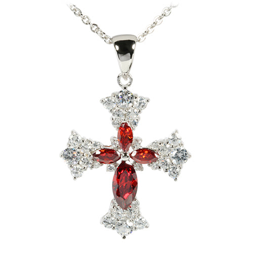 Sterling Silver Dark Red and Clear CZ Cross Pendant