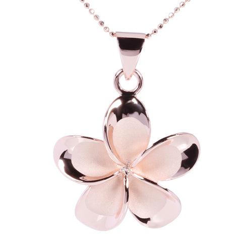 Pink Gold Plated Sterling Silver 25mm Plumeria Pendant no CZ