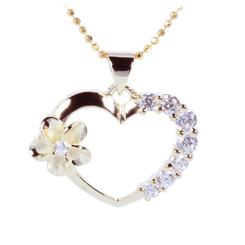 Yellow Gold Plated Sterling Silver Heart with Side Plumeria & CZ Pendant