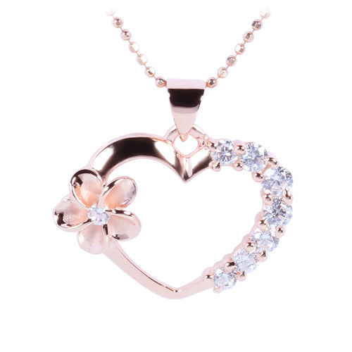 Pink Gold Plated Sterling Silver Heart with Side Plumeria & CZ Pendant