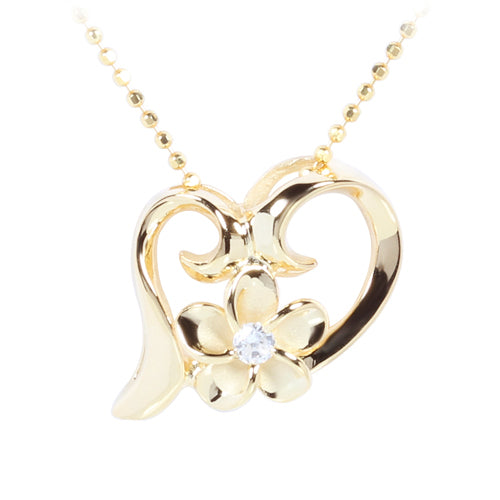 Yellow Gold Plated Sterling Silver Floating Heart with Plumeria Pendant