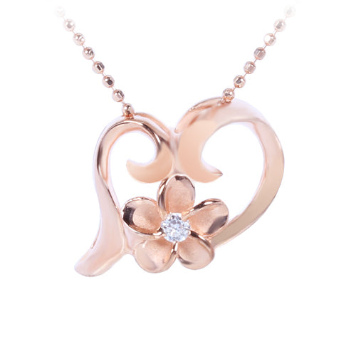 Pink Gold Plated Sterling Silver Floating Heart with Plumeria Pendant