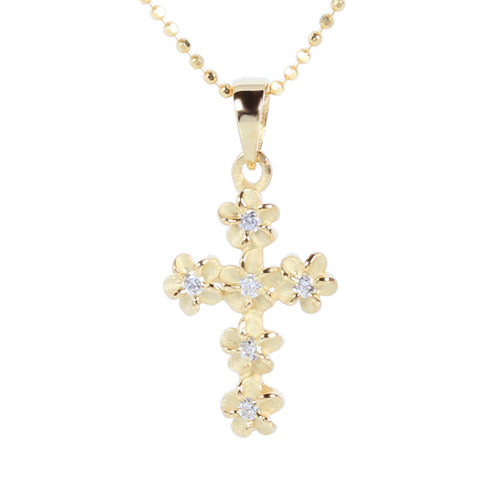 Yellow Gold Plated Sterling Silver 4mm Plumeria Cross Pendant