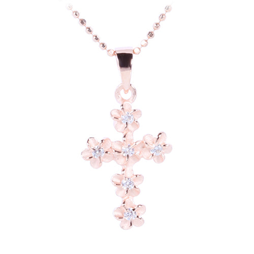 Pink Gold Plated Sterling Silver 4mm Plumeria Cross Pendant