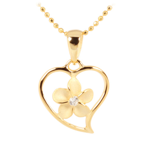 Yellow Gold Plated Sterling Silver Simple Heart w/Plumeria Pendant