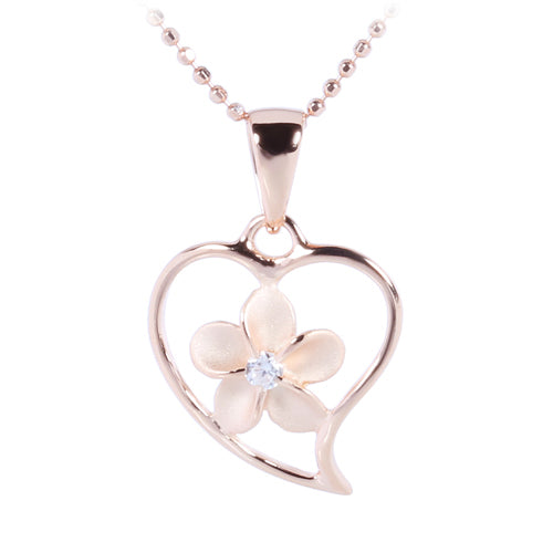 Pink Gold Plated Sterling Silver Simple Heart w/Plumeria Pendant