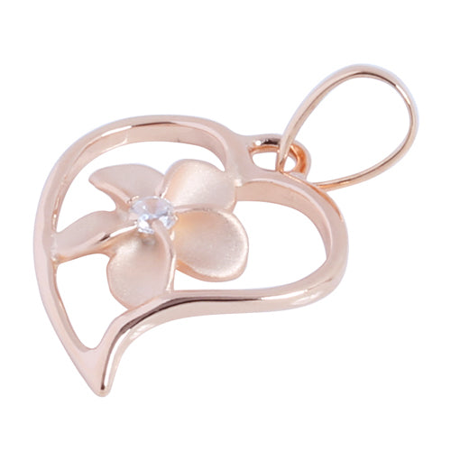 Pink Gold Plated Sterling Silver Simple Heart w/Plumeria Pendant