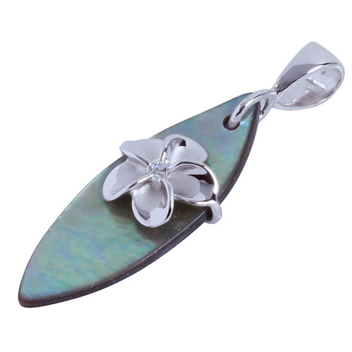 Sterling Silver Abalone Surfboard w/Plumeria Pendant