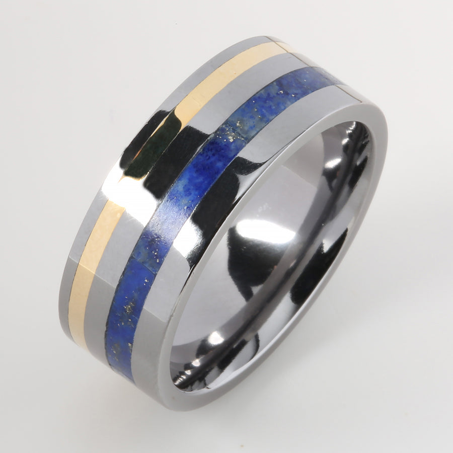 Tantalum with 14K Yellow Gold and Lapis Lazuli Inlaid Wedding Ring Flat 8mm