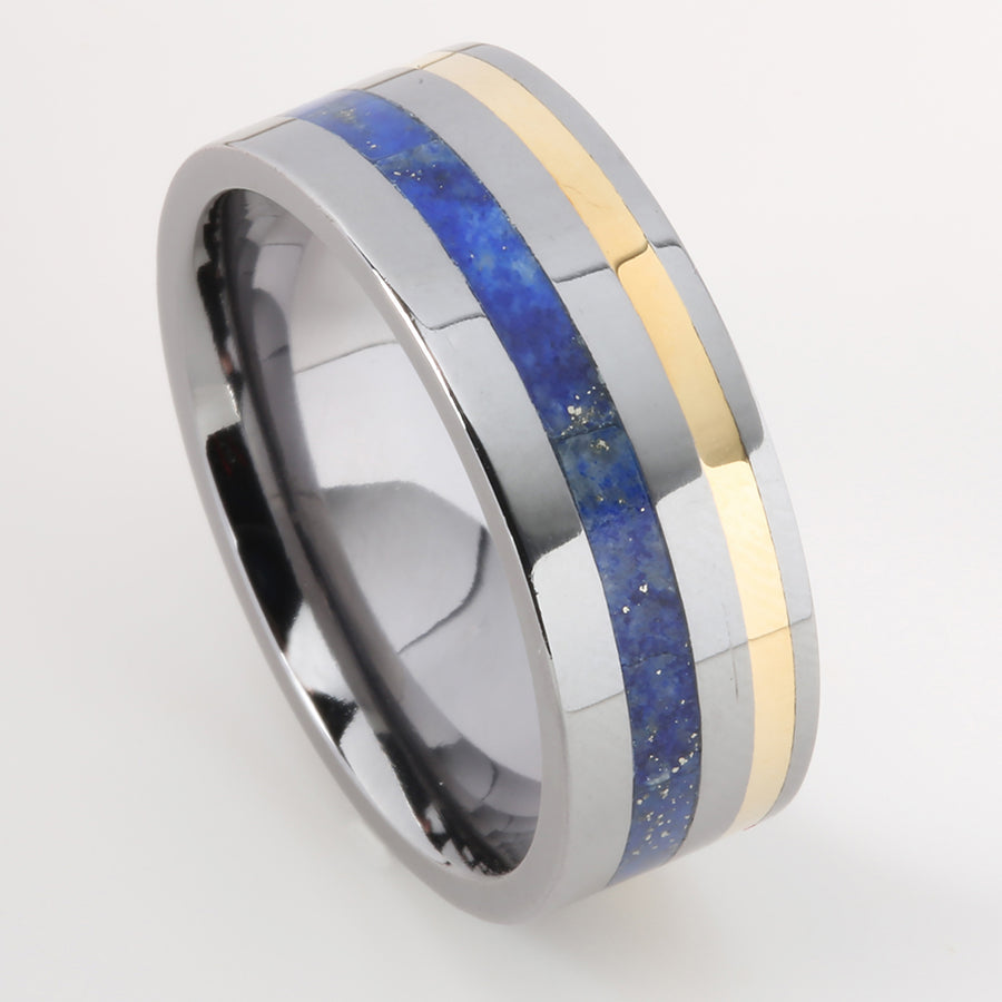 Tantalum Ring with 14K Yellow Gold and Lapis Lazuli Inlaid Flat Wedding Ring 8mm