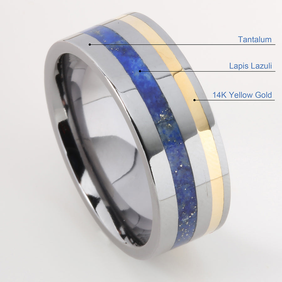 Tantalum with 14K Yellow Gold and Lapis Lazuli Inlaid Wedding Ring Flat 8mm
