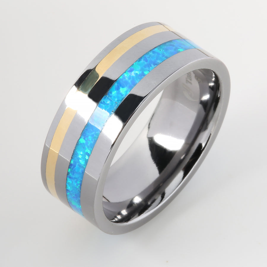 Tantalum with 14K Yellow Gold and Blue Opal Inlaid Wedding Ring Flat 8mm